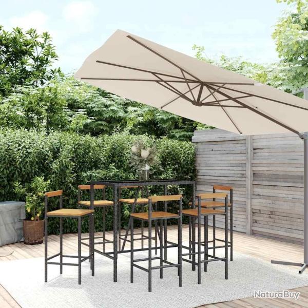 Ensemble de bar jardin 7 pcs noir poly rotin/bois massif acacia