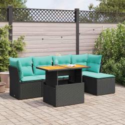 Salon de jardin 6 pcs avec coussins noir r&eacute;sine tress&eacute;e