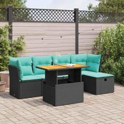 Salon de jardin 6 pcs avec coussins noir r&eacute;sine tress&eacute;e acacia