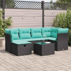 Salon de jardin 7 pcs avec coussins noir r&eacute;sine tress&eacute;e