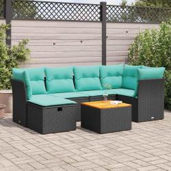 Salon de jardin 7 pcs avec coussins noir r&eacute;sine tress&eacute;e