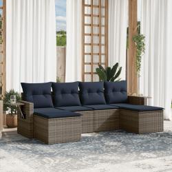 Ensemble de canap&eacute; de jardin 6 pcs avec coussins gris r&eacute;sine tress&eacute;e