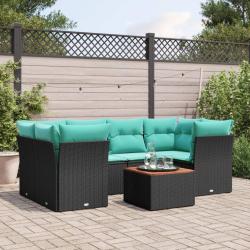 Salon de jardin 7 pcs avec coussins noir r&eacute;sine tress&eacute;e