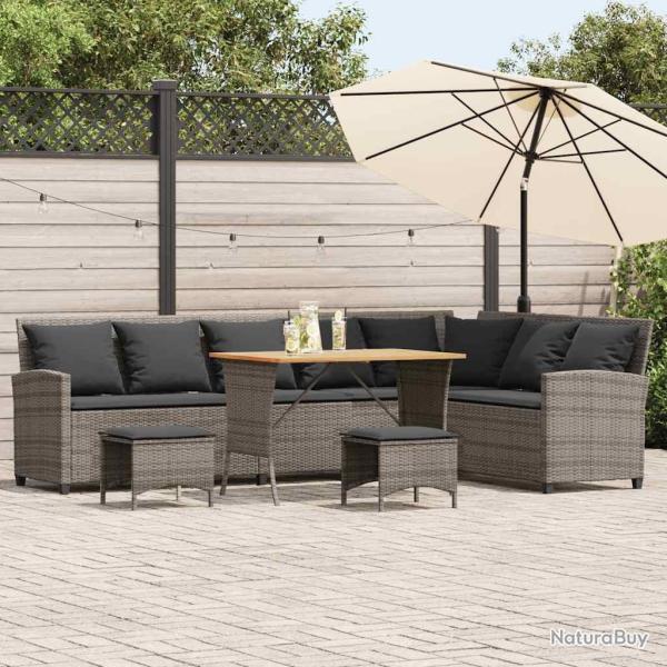 Salon de jardin 4 pcs avec coussins forme L gris r�sine tress�e
