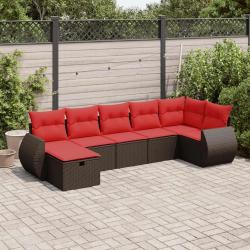 Salon de jardin avec coussins 7 pcs marron r&eacute;sine tress&eacute;e
