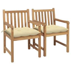 Chaises de jardin lot de 2 et coussins blanc cr&egrave;me Bois de teck