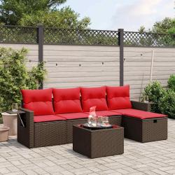 Ensemble de canap&eacute; de jardin 6 pcs avec coussins marron r&eacute;sine tress&eacute;e