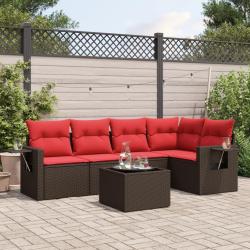 Ensemble de canap&eacute; de jardin 6 pcs avec coussins marron r&eacute;sine tress&eacute;e