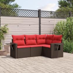 Ensemble de canap&eacute; de jardin 4 pcs avec coussins marron r&eacute;sine tress&eacute;e