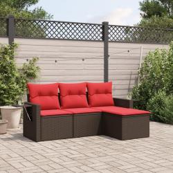 Ensemble de canap&eacute; de jardin 4 pcs avec coussins marron r&eacute;sine tress&eacute;e