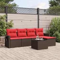 Ensemble de canap&eacute; de jardin 6 pcs avec coussins marron r&eacute;sine tress&eacute;e