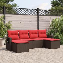 Ensemble de canap&eacute; de jardin 6 pcs avec coussins marron r&eacute;sine tress&eacute;e