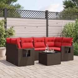 Ensemble de canap&eacute; de jardin 7 pcs avec coussins marron r&eacute;sine tress&eacute;e