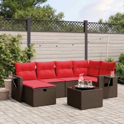 Ensemble de canap&eacute; de jardin 7 pcs avec coussins marron r&eacute;sine tress&eacute;e