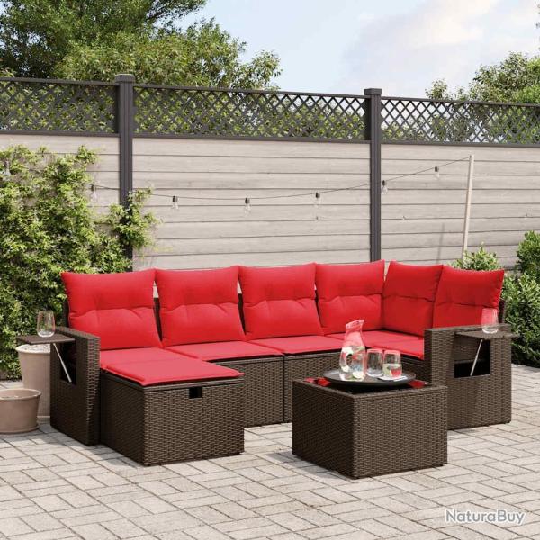 Ensemble de canap� de jardin 7 pcs avec coussins marron r�sine tress�e