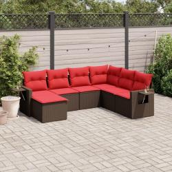 Ensemble de canap&eacute; de jardin 7 pcs avec coussins marron r&eacute;sine tress&eacute;e