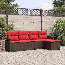 Ensemble de canap&eacute; de jardin 5 pcs avec coussins marron r&eacute;sine tress&eacute;e