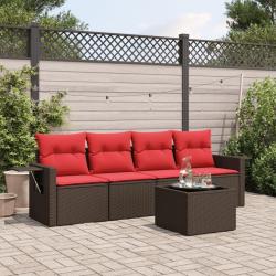 Ensemble de canap&eacute; de jardin 5 pcs avec coussins marron r&eacute;sine tress&eacute;e