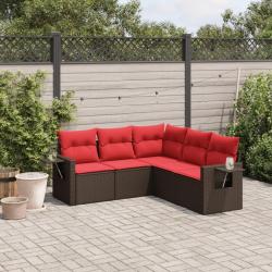 Ensemble de canap&eacute; de jardin 5 pcs avec coussins marron r&eacute;sine tress&eacute;e