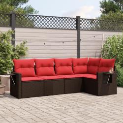 Ensemble de canap&eacute; de jardin 5 pcs avec coussins marron r&eacute;sine tress&eacute;e