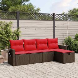 Ensemble de canap&eacute; de jardin 5 pcs avec coussins marron r&eacute;sine tress&eacute;e