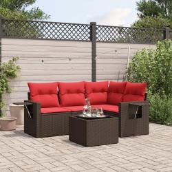 Ensemble de canap&eacute; de jardin 5 pcs avec coussins marron r&eacute;sine tress&eacute;e