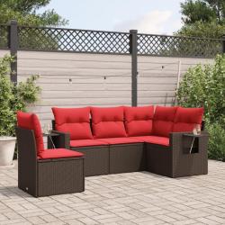 Ensemble de canap&eacute; de jardin 5 pcs avec coussins marron r&eacute;sine tress&eacute;e