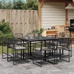 Ensemble &agrave; manger de jardin 9pcs coussins noir r&eacute;sine tress&eacute;e