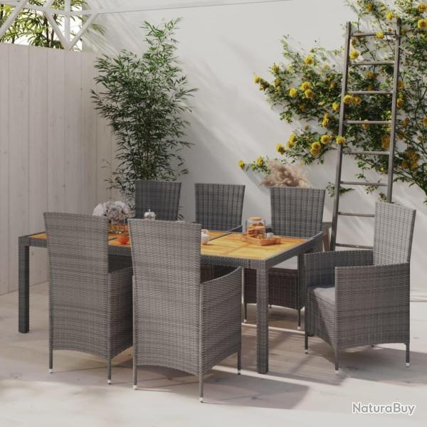 Salon de jardin 7 pcs avec coussins R�sine tress�e Gris