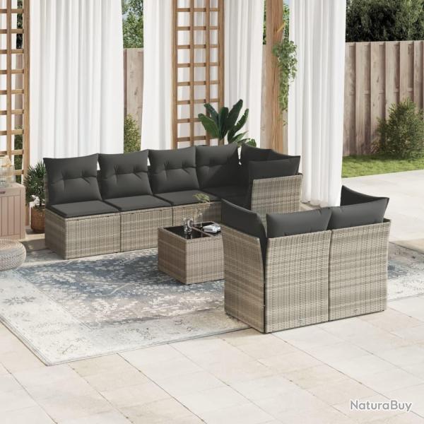 Salon de jardin 8 pcs avec coussins gris clair r�sine tress�e