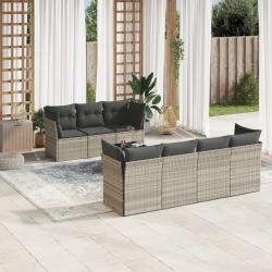 Salon de jardin 8 pcs avec coussins gris clair r&eacute;sine tress&eacute;e