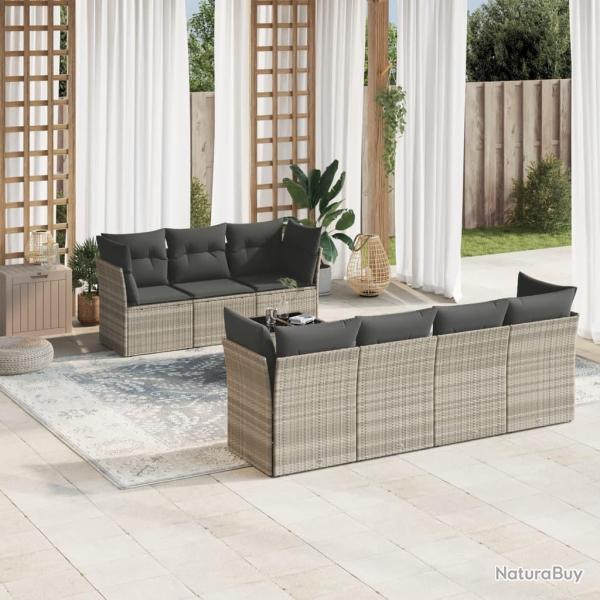 Salon de jardin 8 pcs avec coussins gris clair r�sine tress�e