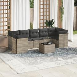 Salon de jardin 8 pcs avec coussins gris clair r&eacute;sine tress&eacute;e