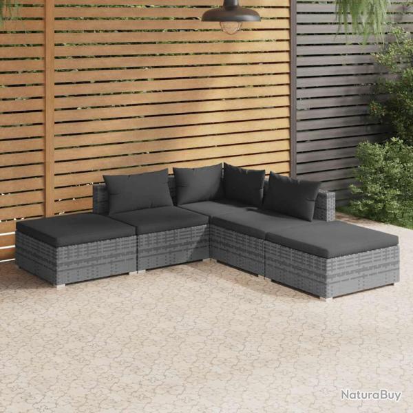 Salon de jardin 5 pcs avec coussins R�sine tress�e Gris