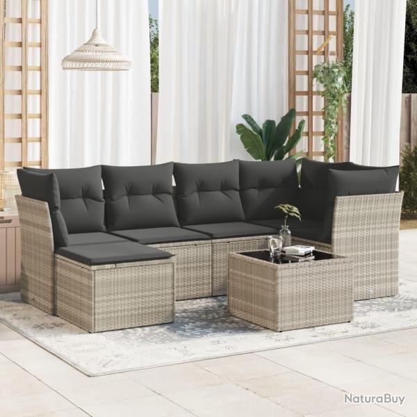 Salon de jardin avec coussins 7 pcs gris clair r�sine tress�e