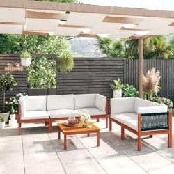 Salon de jardin 6 pi&egrave;ces avec coussins, bois d'acacia cr&egrave;me et corde