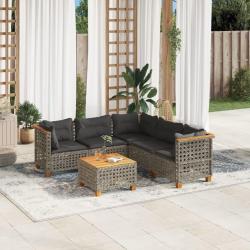 Salon de jardin 6 pcs avec coussins gris r&eacute;sine tress&eacute;e