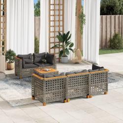 Salon de jardin 6 pcs avec coussins gris r&eacute;sine tress&eacute;e