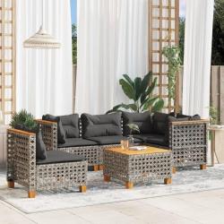 Salon de jardin 6 pcs avec coussins gris r&eacute;sine tress&eacute;e