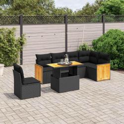 Salon de jardin 7 pcs avec coussins noir r&eacute;sine tress&eacute;e