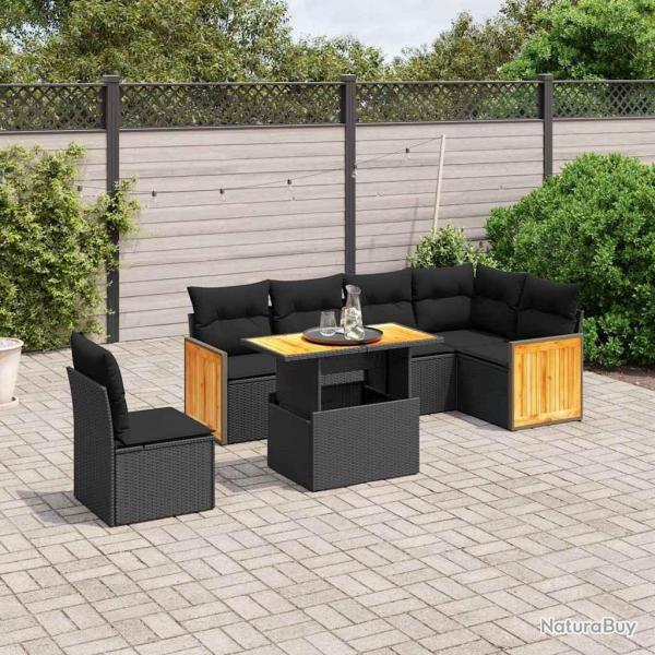 Salon de jardin 7 pcs avec coussins noir r�sine tress�e