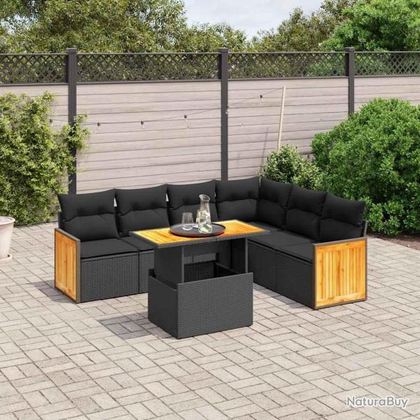 Salon de jardin 7 pcs avec coussins noir r�sine tress�e