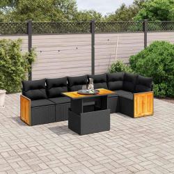 Salon de jardin 7 pcs avec coussins noir r&eacute;sine tress&eacute;e