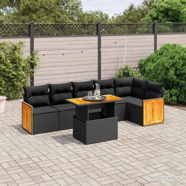 Salon de jardin 7 pcs avec coussins noir r�sine tress�e