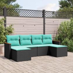 Salon de jardin 6 pcs avec coussins noir r&eacute;sine tress&eacute;e