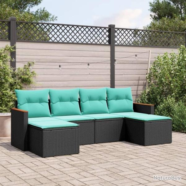 Salon de jardin 6 pcs avec coussins noir r�sine tress�e