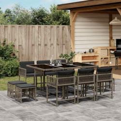 Ensemble &agrave; manger de jardin 11pcs avec coussins gris poly rotin