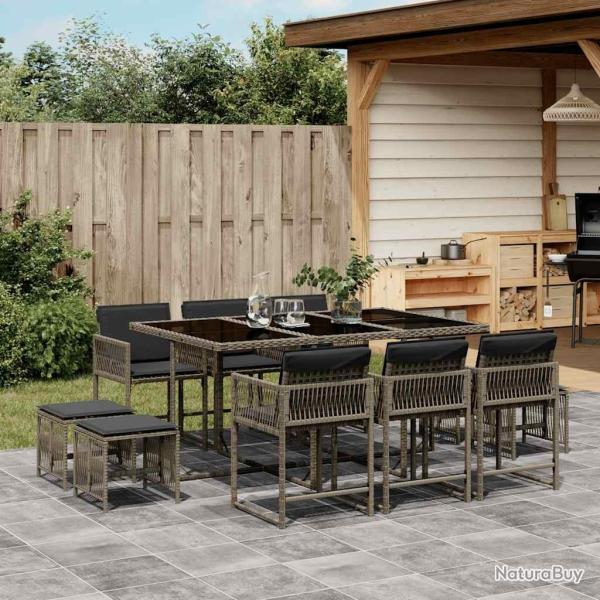Ensemble � manger de jardin 11pcs avec coussins gris poly rotin
