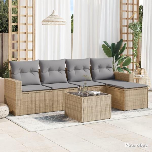 Salon de jardin avec coussins 6 pcs beige r�sine tress�e