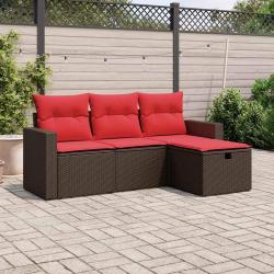 Ensemble de canap&eacute; de jardin 4 pcs avec coussins marron r&eacute;sine tress&eacute;e